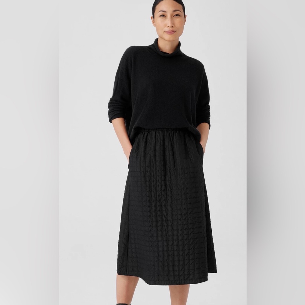 Eileen Fisher Black SILK Quilted A-line Skirt.